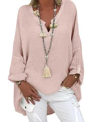 Tincini Leinenbluse Damen Bluse Sommer Tunika V-Ausschnitt Große Blusenshirt Langarmshirt Leinen Baumwolle Hemd Oberteile Druck Shirt (F Rosa, XL) von Tincini