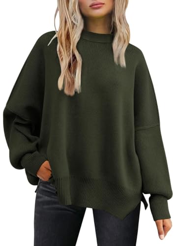 Tincini Pullover Damen Strickpullover Winter Rundhals Pulli Herbst Lose Sweatshirt Warm Fledermaus Langarmshirt aus Strick Seitlichem Schlitz Oberteile (Armeegrün, XXL) von Tincini