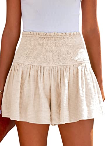 Tincini Shorts Damen Sommer Baumwolle Elastisch High Waist Kurze Hosen Causal Rüschen Strandshorts Einfarbig Freizeit Shorts Sweatpants (Aprikose, XL) von Tincini