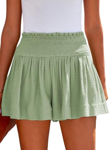 Tincini Shorts Damen Sommer Baumwolle Elastisch High Waist Kurze Hosen Causal Rüschen Strandshorts Einfarbig Freizeit Shorts Sweatpants (Grün,S) von Tincini