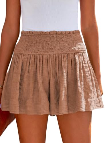 Tincini Shorts Damen Sommer Baumwolle Elastisch High Waist Kurze Hosen Causal Rüschen Strandshorts Einfarbig Freizeit Shorts Sweatpants (Rosa, S) von Tincini