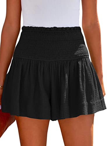 Tincini Shorts Damen Sommer Baumwolle Elastisch High Waist Kurze Hosen Causal Rüschen Strandshorts Einfarbig Freizeit Shorts Sweatpants (Schwarz, M) von Tincini