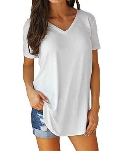 Tincini Tshirt Damen V-Ausschnitt Sommer Einfarbige Kurzarm Shirts Tunika Tops Beiläufig Baumwolle (Weiß, L) von Tincini
