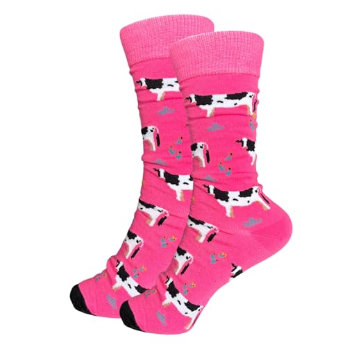 Pinke Socken mit Kuh Motiv Lustige Verrückte Socken für Männer und Frauen Geschenksocken Unisex Einheitsgröße 36-43 Crew Socks 1-Paar… von Tindo