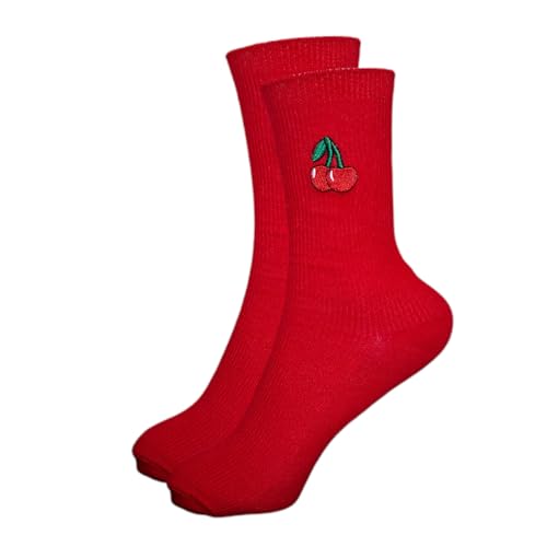Tindo Fruit Socks Kirsch Socken Rot mit Motiv Lustige Baumwolle Socken für Männer und Frauen Geschenksocken Motivsocken Einheitsgröße 36-43 Crew Socks 1-Paar von Tindo