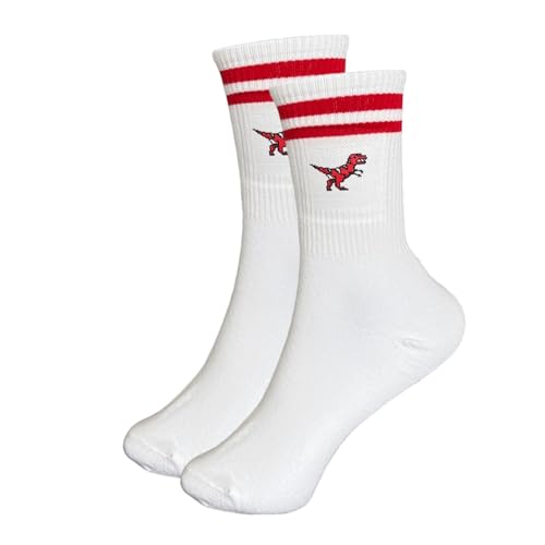 Tindo Weiße Socken mit Dino Motiv Lustige Verrückte Socken für Männer und Frauen Geschenksocken Unisex Einheitsgröße 36-43 Crew Socks 1-Paar Rot von Tindo