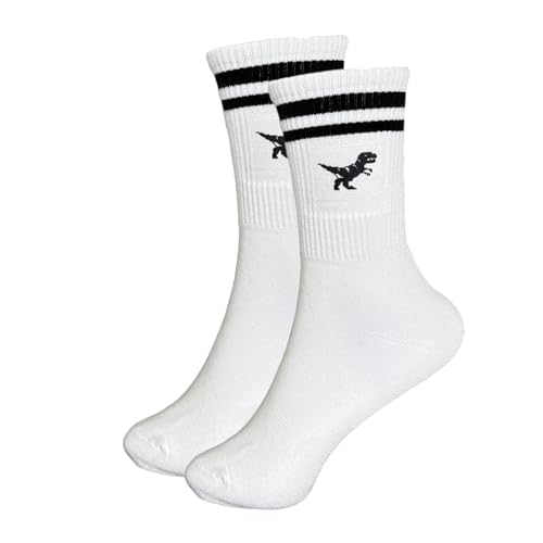 Tindo Weiße Socken mit Dino Motiv Lustige Verrückte Socken für Männer und Frauen Geschenksocken Unisex Einheitsgröße 36-43 Crew Socks 1-Paar Schwarz von Tindo