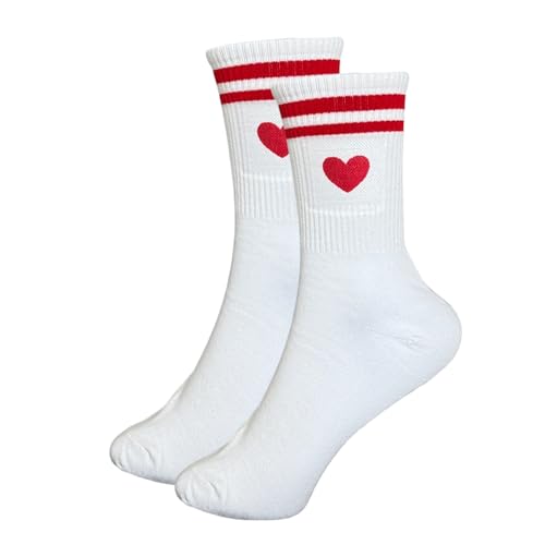 Tindo Weiße Socken mit Herz Motiv Lustige Verrückte Socken für Männer und Frauen Geschenksocken Unisex Einheitsgröße 36-43 Crew Socks 1-Paar Rot von Tindo