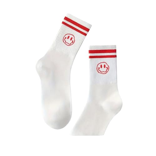 Tindo Weiße Socken mit Smilie Motiv Lustige Verrückte Socken für Männer und Frauen Geschenksocken Unisex Einheitsgröße 36-43 Crew Socks 1-Paar Rot von Tindo