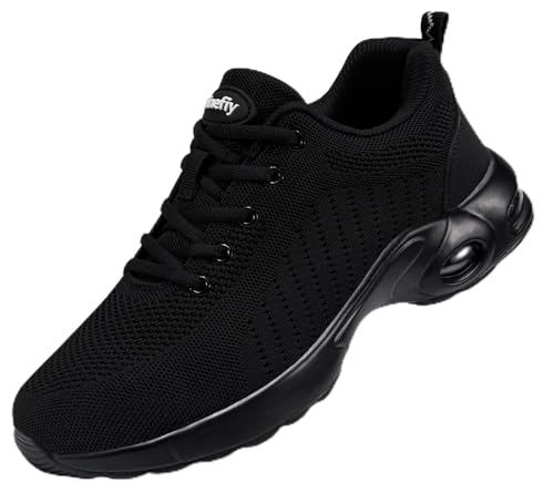 Tinefiy Stahlkappenschuhe für Damen, leichte Sicherheitsschuhe, Luftpolster, bequem, rutschfest, unzerstörbar, pannensicher, Arbeitsschuh für Damen, 02schwarz, 41.5 EU Weit von Tinefiy