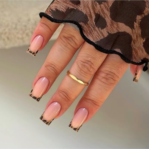 24 Stück French Tip Press on Nails Kurze Quadratische Kunstnägel Leopardenmuster Acryl Glänzend Vollabdeckung Aufkleben Acrylnägel für Frauen von TingHaoO