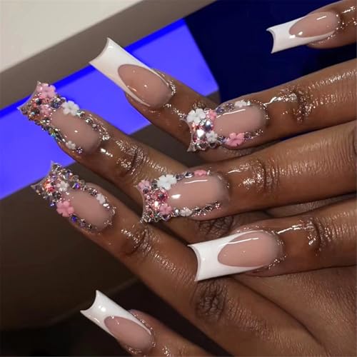 24 Stück Press on Nails French Tip False Square Künstliche mit Blume Strass Stick On für Frauen Künstliche Nägel von TingHaoO