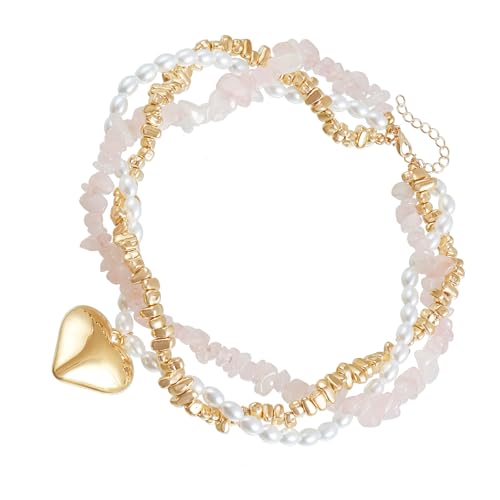 Anhänger Halskette Perlen Halskette Schlüsselbein Kette Herz Legierung Textur Multifunktionale Halskette zum Hinzufügen von Charme Mehrschichtige Perlen von TingHaoO