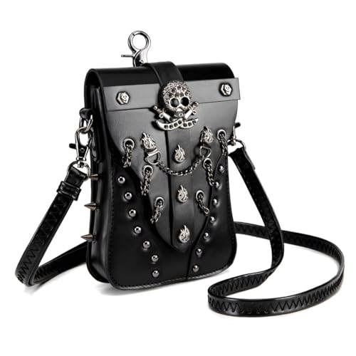 Punk Styles Damen Umhängetasche Schwarz Retro Crossbody Geldbörse Handy Handtasche Ideal für Mode Frauen suchen Einzigartiges Design Damen Schwarz Crossbody Tasche von TingHaoO