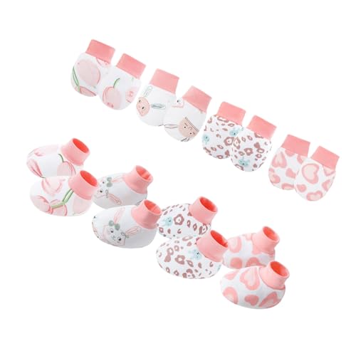 TingHaoO 4 Set Kratzschutz-Fäustlinge für Babys von 0–6 Monaten, Baumwolle, bequeme Anti-Greif-Handschuhe und Socken, atmungsaktive Baumwoll-Fäustlinge, Set 1, Einheitsgröße von TingHaoO