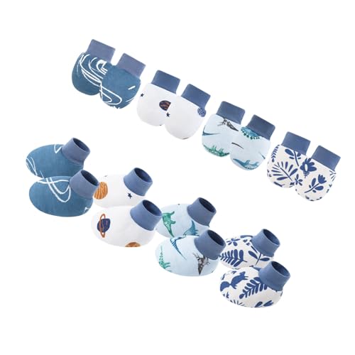 TingHaoO 4 Set Kratzschutz-Fäustlinge für Babys von 0–6 Monaten, Baumwolle, bequeme Anti-Greif-Handschuhe und Socken, atmungsaktive Baumwoll-Fäustlinge, Set 2, Einheitsgröße von TingHaoO