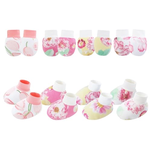TingHaoO 4 Set Kratzschutz-Fäustlinge für Babys von 0–6 Monaten, Baumwolle, bequeme Anti-Greif-Handschuhe und Socken, atmungsaktive Baumwoll-Fäustlinge, Set 3, Einheitsgröße von TingHaoO