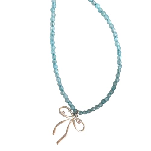 TingHaoO Elegante, verstellbare Kristallperlen-Halskette mit Schleifen-Anhänger für Frauen, stilvolle Schlüsselbeinkette, Schmuck, Geschenk, Schleifen-Anhänger, Halskette für Damen von TingHaoO