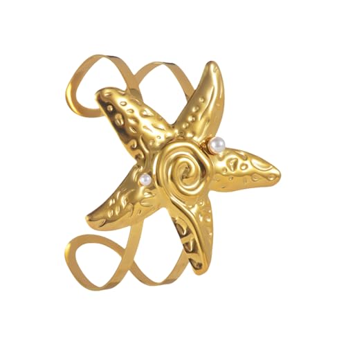 TingHaoO Offener Armreif mit Meeresstern-Muschel-Details, stilvolles Edelstahl-Mode-Accessoire für den täglichen Gebrauch, offenes Handgelenk-Accessoire, Einheitsgröße, Wie beschrieben von TingHaoO