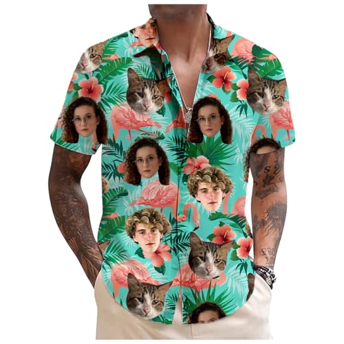 Hawaiihemd Personalisierte Hawaii Hemd Männer Personalisierter selbst gestalten Gesicht und Name Funky Kurzarm Vordertasche Urlaub Sommer Flamingo Hibiskus Bedruckter Strand Beilaufig Hawaii Hemdt von Tingwei