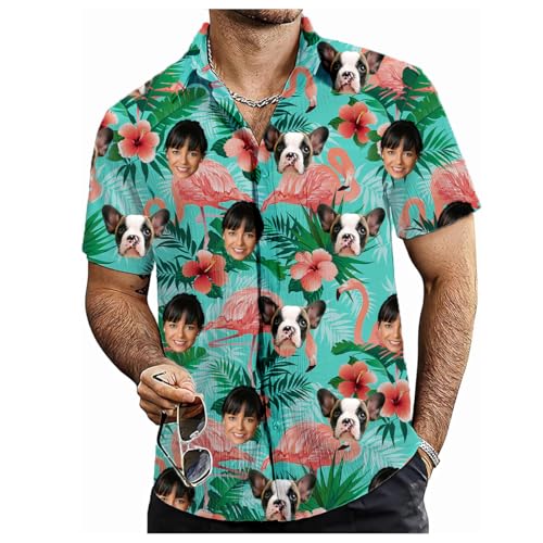 Tingwei Hawaii Hemd Männer Personalisierter mit Gesicht und Name Funky Hawaiihemd Personalisierte Kurzarm Vordertasche Urlaub selbst gestalten Sommer Flamingo und Hibiskus Bedruckter Strand Beilaufig von Tingwei