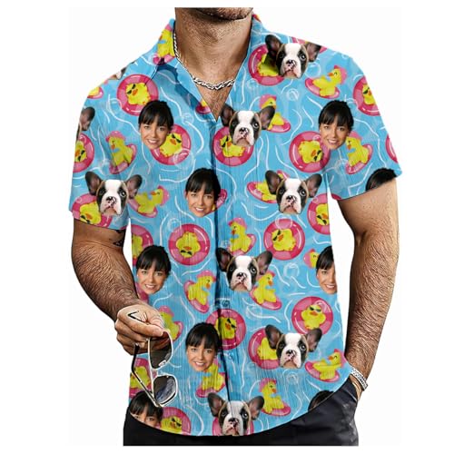 Tingwei Hawaii Hemd Männer Personalisierter mit Gesicht und Name Funky Hawaiihemd Personalisierte Kurzarm Vordertasche Urlaub selbst gestalten Sommer Kleine gelbe Ente Bedruckter Strand Beilaufig von Tingwei