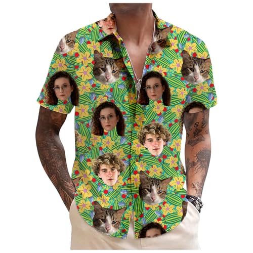 Tingwei Hawaiihemd Personalisierte Hawaii Hemd Männer Personalisierter selbst gestalten Gesicht und Name Funky Kurzarm Vordertasche Urlaub Sommer Blume Bedruckter Strand Beilaufig Hawaii Hemdt von Tingwei