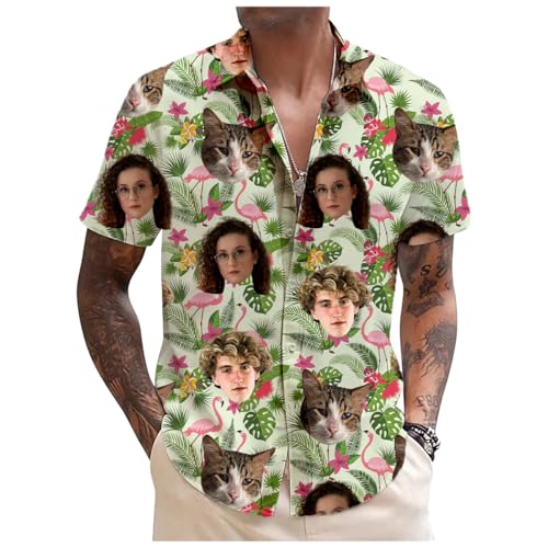 Tingwei Hawaiihemd Personalisierte Hawaii Hemd Männer Personalisierter selbst gestalten Gesicht & Name Funky Kurzarm Vordertasche Urlaub Sommer Flamingos Blume Bedruckter Strand Beilaufig Hawaii Hemdt von Tingwei