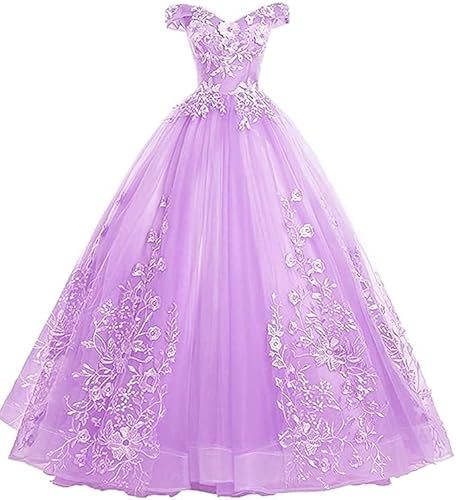 Tingyanyan Schulterfrei Abendkleider Tüll Prinzessin Lange Party Ballkleider Quinceanera Kleider Flieder Größe 38 von Tingyanyan