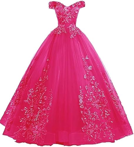Tingyanyan Schulterfrei Abendkleider Tüll Prinzessin Lange Party Ballkleider Quinceanera Kleider Fuchsie Größe 60 von Tingyanyan
