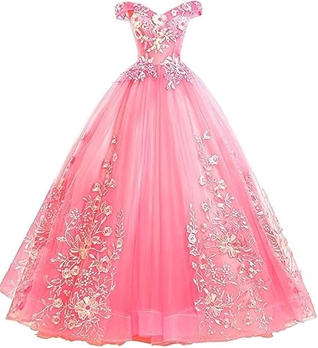 Tingyanyan Schulterfrei Abendkleider Tüll Prinzessin Lange Party Ballkleider Quinceanera Kleider Koralle Größe 60 von Tingyanyan