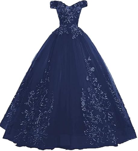 Tingyanyan Schulterfrei Abendkleider Tüll Prinzessin Lange Party Ballkleider Quinceanera Kleider Marineblau Größe 40 von Tingyanyan