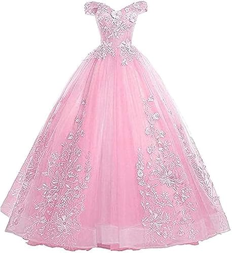 Tingyanyan Schulterfrei Abendkleider Tüll Prinzessin Lange Party Ballkleider Quinceanera Kleider Rosa Größe 34 von Tingyanyan