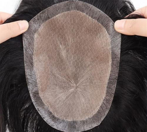 Tingyilan Herren Toupet System Langlebige Feine Mono Swiss Lace PU Haut Echthaar Haaransatz Haarteil, Poly Skin Haareinheit Perücken, 15Cm Ersatz System,Schwarz,15x20cm von Tingyilan