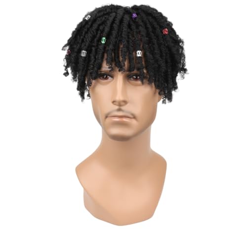 Tingyilan Kurze Dreadlock-Perücke für schwarze Frauen und Männer, vorgefertigte Afro Curly Crochet Twist Haar geflochtene Perücke synthetische Perücke Afroamerikanische Perücken,Schwarz,6x6in von Tingyilan
