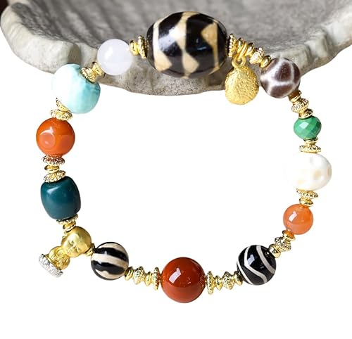 Tingyilan Tibetische DZI Perlen Armband Alter Achat Huya Totem Amulett Elastischer Seil Armreif Viel Glück Schmuck für Frauen Männer,A,One Size von Tingyilan
