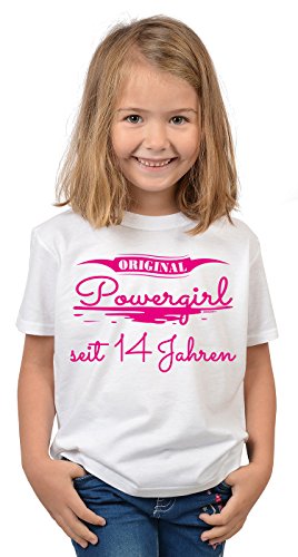 14.Geburtstag Sprüche T-Shirt Kindergeburtstag Mädchen : Original Powergirl seit 14 Jahren - Kindershirt 14 Geburtstag Tshirt Deko 14 Jahre Gr: M = 134-140 von Tini - Shirts