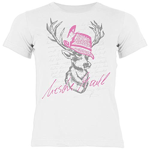 Bayrisches Trachten Kinder-Shirt - Trachten-Motiv Hirsch T-Shirt für Mädchen : Feschs MADL (Hut rosa) - Volksfest/Oktoberfest/Tracht Kind Gr: M = 134-140 von Tini - Shirts