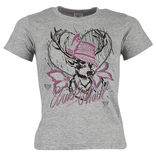 Bayrisches Trachten Kinder-Shirt - Trachten-Motiv Hirsch T-Shirt für Mädchen : Wuids MADL (Hut rosa) - Volksfest/Oktoberfest/Tracht Kind Gr: M = 134-140 von Tini - Shirts