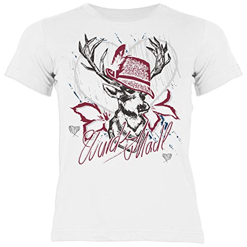 Bayrisches Trachten Kinder-Shirt - Trachten-Motiv Hirsch T-Shirt für Mädchen : Wuids MADL (Hut rot) - Volksfest/Oktoberfest/Tracht Kind Gr: XS = 110-116 von Tini - Shirts