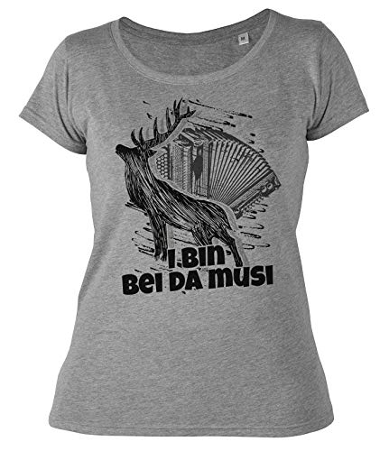 Blaskapelle Motiv Damen-Tshirt, Blasmusik Shirt Frau : I Bin bei da Musi - Damen-Shirt Instrument, Hirsch, Bayrische Blasmusik Gr: XL von Tini - Shirts