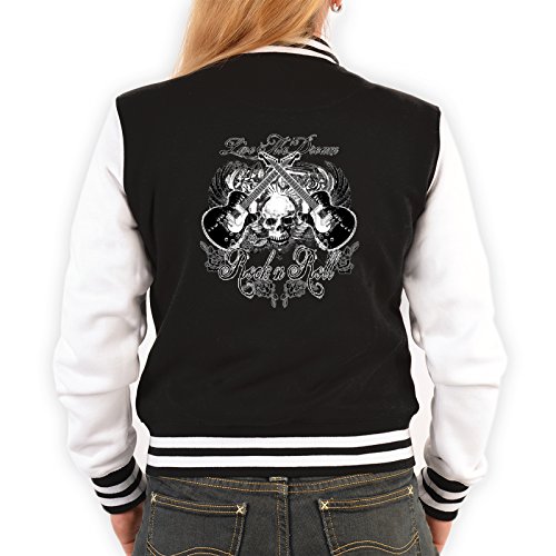 College Jacke schwarz/Weiss Damen mit Gothic Musik Motiv : Live The Dream Rock ´n Roll Totenkopf - Collegejacke Frauen Farbe: schwarz Gr: S von Tini - Shirts