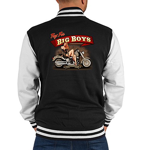 Herren College Jacke mit Biker/Pin up Girl Motiv : Toys for Big Boys - Collegejacke Herren/Männer Farbe: schwarz Gr: S von Tini - Shirts