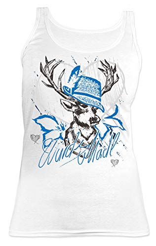 Hirsch Damen Trachten Träger-Shirt - Trachten-Motiv T-Shirt für Frauen und Mädchen : Wuids MADL (Hut blau) - Volksfest -Oktoberfest Tracht Top Frau Gr: S von Tini - Shirts