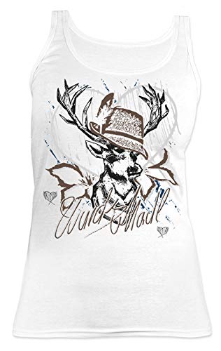 Hirsch Damen Trachten Träger-Shirt - Trachten-Motiv T-Shirt für Frauen und Mädchen : Wuids MADL (Hut braun) - Volksfest -Oktoberfest Tracht Top Frau Gr: L von Tini - Shirts