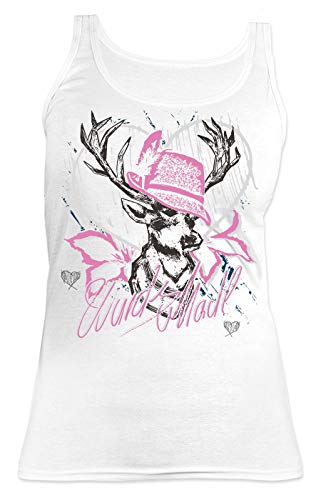 Hirsch Damen Trachten Träger-Shirt - Trachten-Motiv T-Shirt für Frauen und Mädchen : Wuids MADL (Hut rosa) - Volksfest -Oktoberfest Tracht Top Frau Gr: S von Tini - Shirts