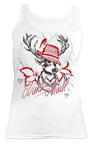 Hirsch Damen Trachten Träger-Shirt - Trachten-Motiv T-Shirt für Frauen und Mädchen : Wuids MADL (Hut rot) - Volksfest -Oktoberfest Tracht Top Frau Gr: L von Tini - Shirts