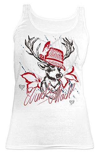 Hirsch Damen Trachten Träger-Shirt - Trachten-Motiv T-Shirt für Frauen und Mädchen : Wuids MADL (Hut rot) - Volksfest -Oktoberfest Tracht Top Frau Gr: S von Tini - Shirts