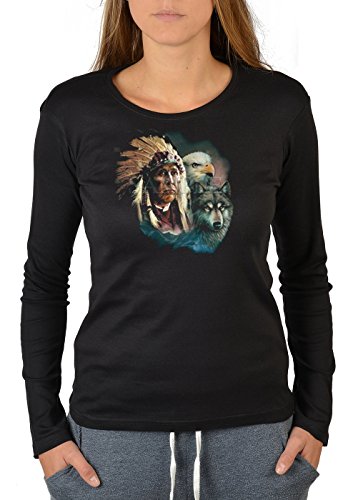Indianer Wolf Adler Motiv Langarmshirt Damen : Indianer mit Wolf und Adler - Motiv Longsleeve Adler Gr: L von Tini - Shirts