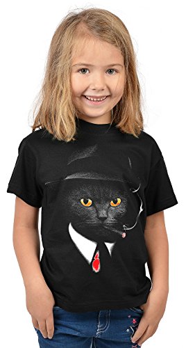 Katzen-Motiv Kindershirt - Mafia Agent Katze - buntes Katzenshirt für Kinder : Agent Cat - Tiermotiv Katze Kinder T-Shirt Gr: L = 146-152 von Tini - Shirts